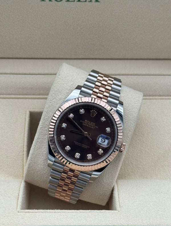 Rolex Datejust 41mm acero y oro rosa, esfera chocolate con diamantes, full set en Marbella // Rolex Datejust 41mm steel & rose gold, chocolate diamond dial, full set Marbella