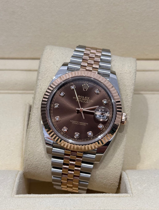 Rolex Datejust 41mm acero y oro rosa, esfera chocolate con diamantes, full set en Marbella // Rolex Datejust 41mm steel & rose gold, chocolate diamond dial, full set Marbella