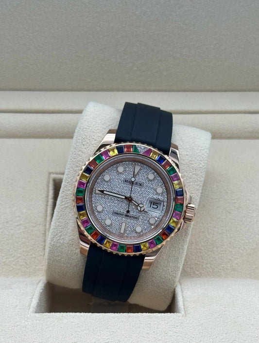 Rolex Yacht-Master 40mm Haribo Pavé ref. 116695SATS oro rosa, bisel diamantes, dial multicolor, correa Oysterflex, 2020, con caja y garantía.