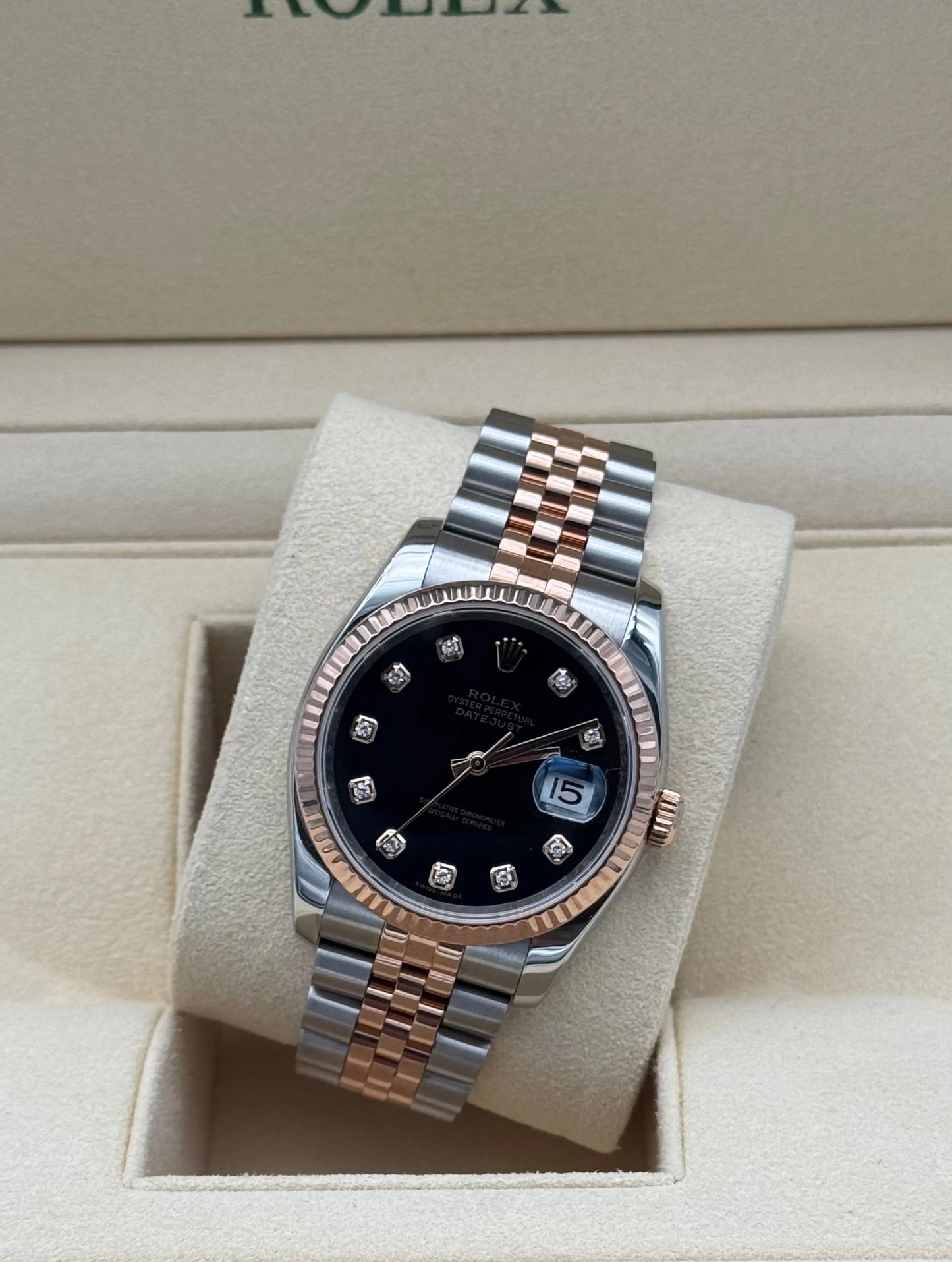 Rolex datejus 36mm steel & rose gold black with diamonds dial 2007. Reloj Rolex acero y oro rosa esfera negra con diamantes