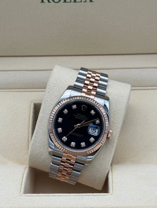 Rolex datejus 36mm steel & rose gold black with diamonds dial 2007. Reloj Rolex acero y oro rosa esfera negra con diamantes