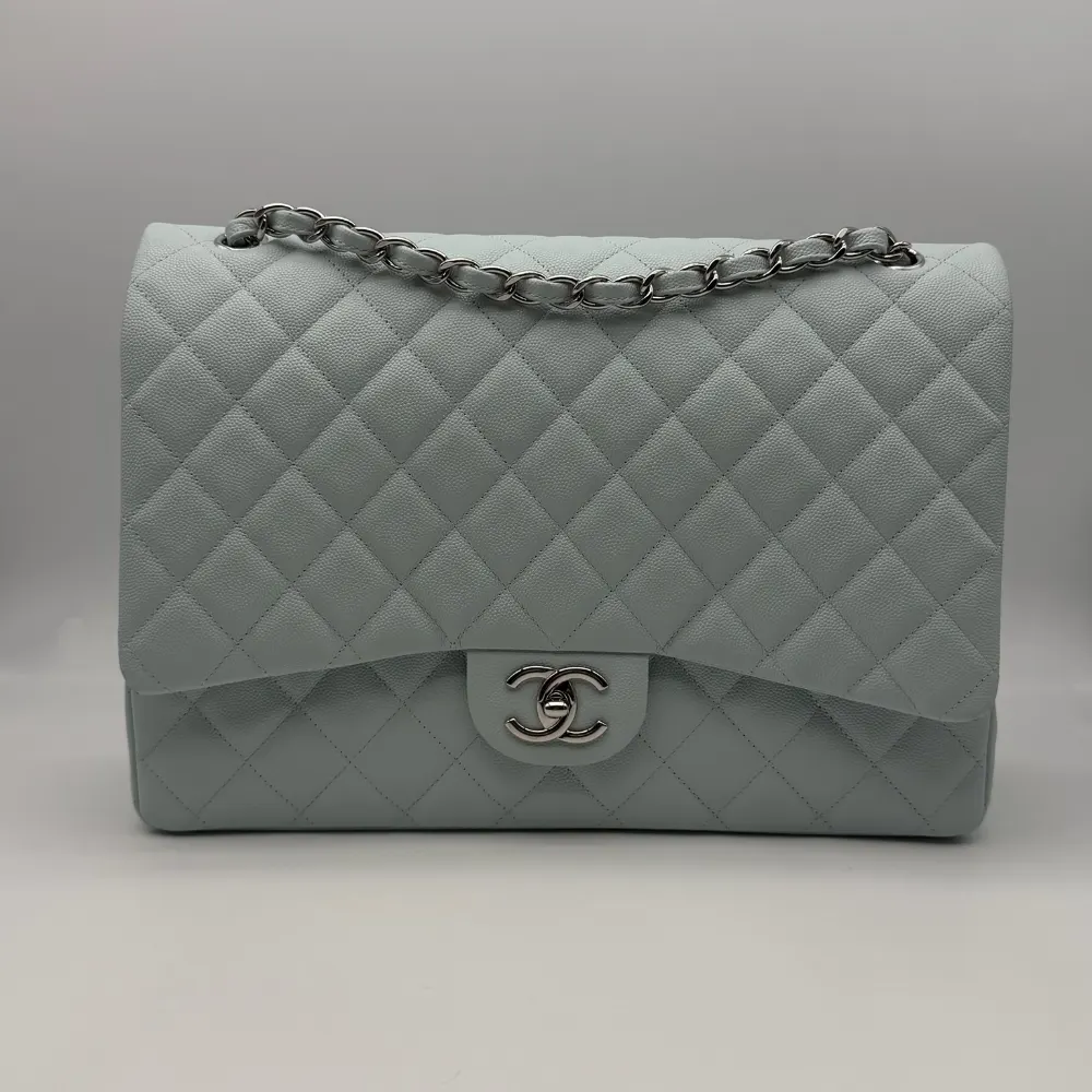 Chanel Classic Flap Maxi Caviar Light Blue Silvertone Hardware