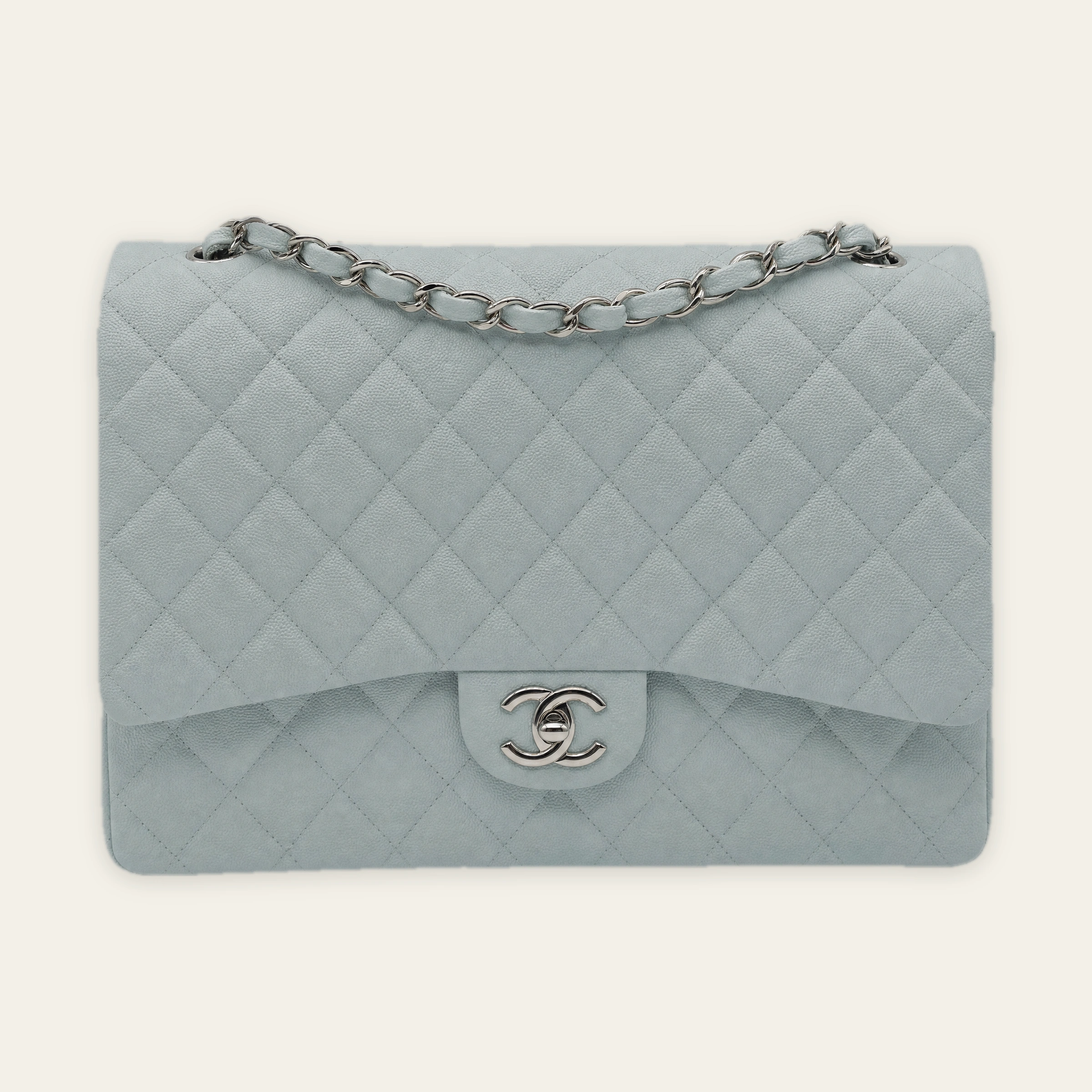 Chanel Classic Flap Maxi Caviar Light Blue Silvertone Hardware
