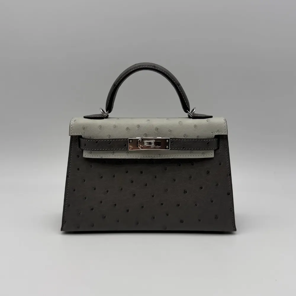 Hermès Kelly Mini Ostrich Gris Meyer / Gris Perle Palladium Hardware