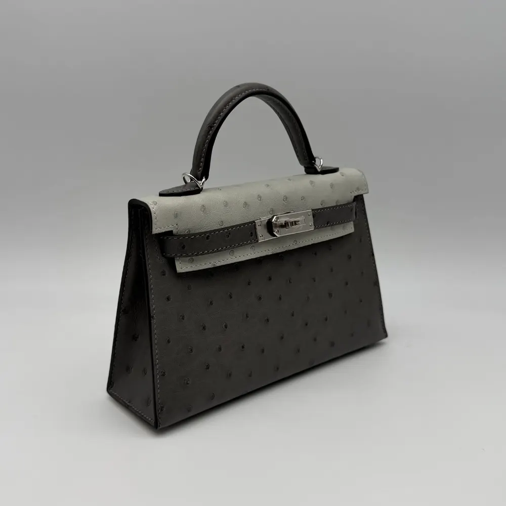 Hermès Kelly Mini Ostrich Gris Meyer / Gris Perle Palladium Hardware, vista 2