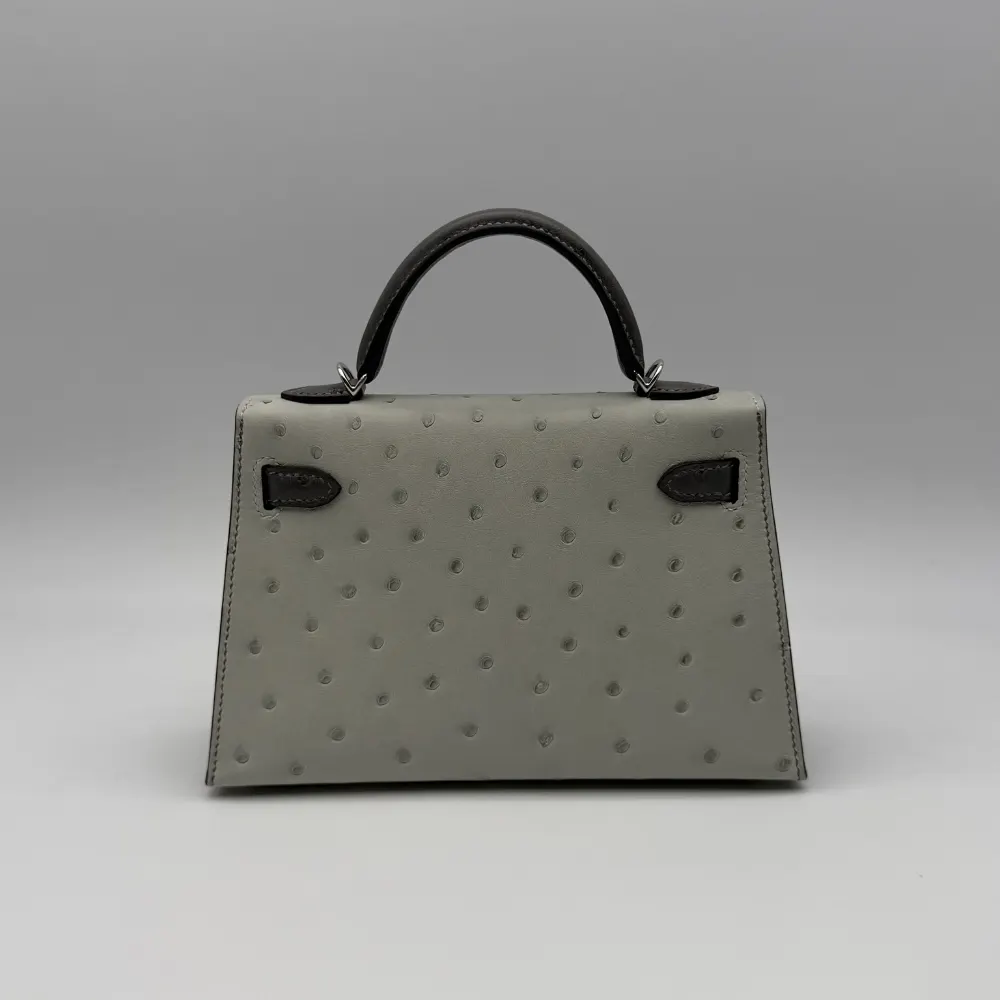 Hermès Kelly Mini Ostrich Gris Meyer / Gris Perle Palladium Hardware, vista 3