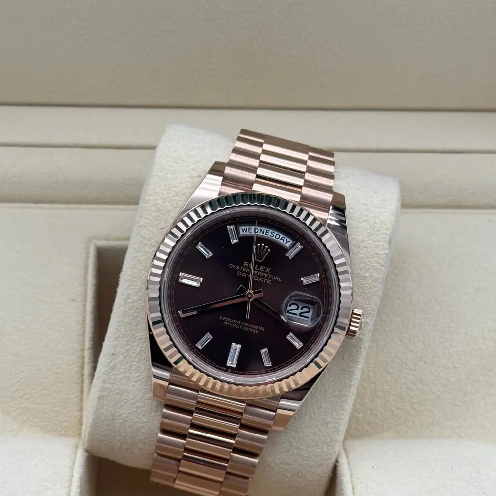 Rolex Day Date 40mm Rose Gold Chocolate Baguette Dial
