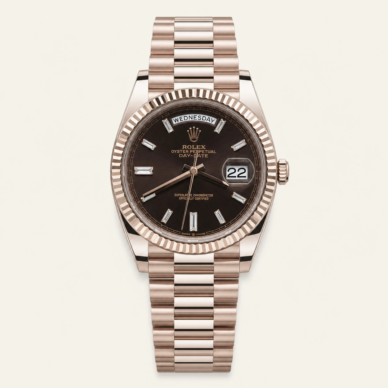 Rolex Day Date 40mm Rose Gold Chocolate Baguette Dial