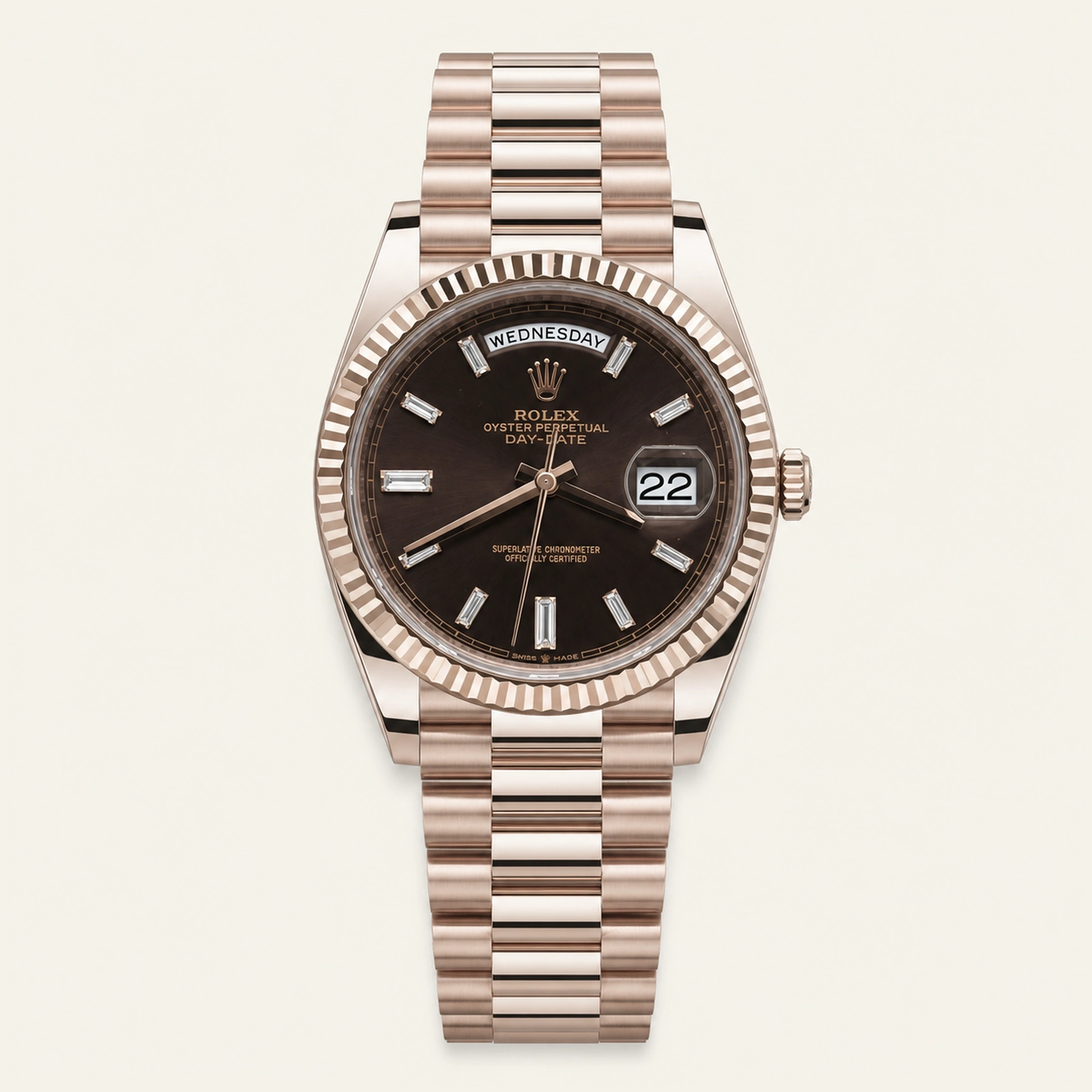 Rolex Day Date 40mm Rose Gold Chocolate Baguette Dial
